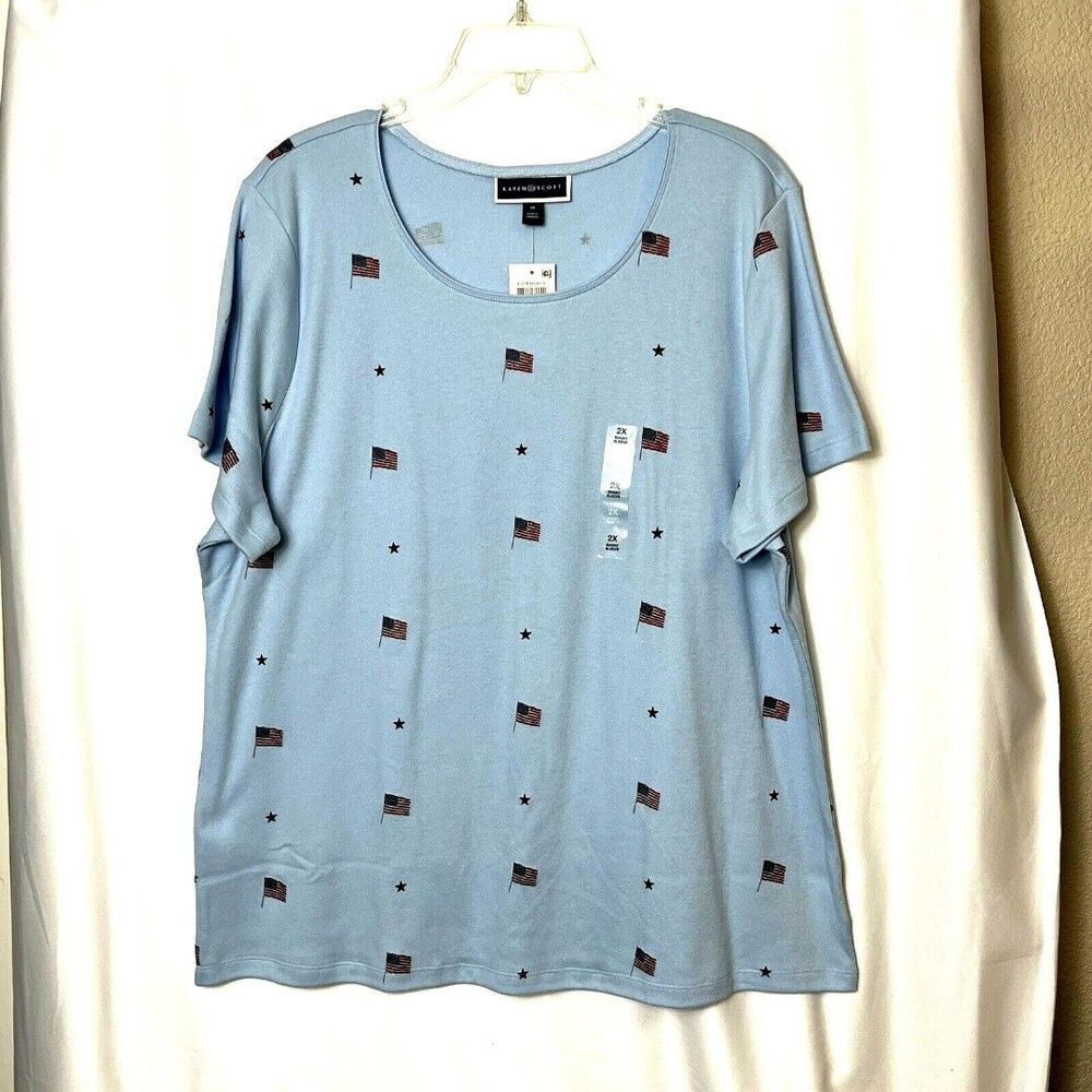 Karen Scott Essentials Basic Tee Short Sleeve Blue With USA Flags Size OX NWT
